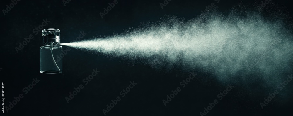 Obraz premium A glass perfume bottle spraying a fine mist against a black background.