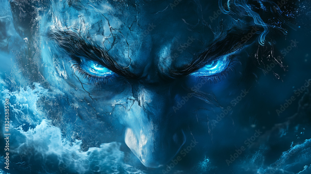 Fototapeta premium The eyes of Poseidon glowing with deep oceanic blues, filled with the power of storms and waves.
