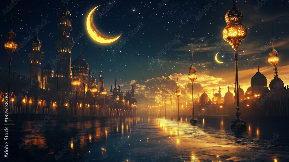 Majestic Islamic palace with glowing lanterns and crescent moon Majestic Islamic palace with glowing lanterns and crescent moon