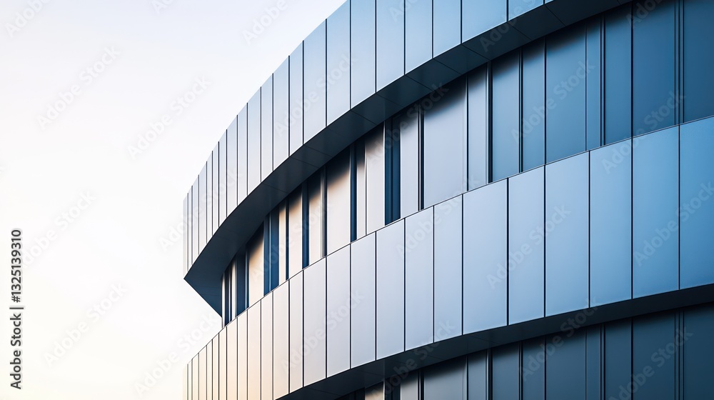Fototapeta premium A modern building in close-up, showcasing a sleek facade of rounded metal panels in gray and blue