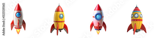 Rocket adventure in cartoon space isolated on a transparent background.