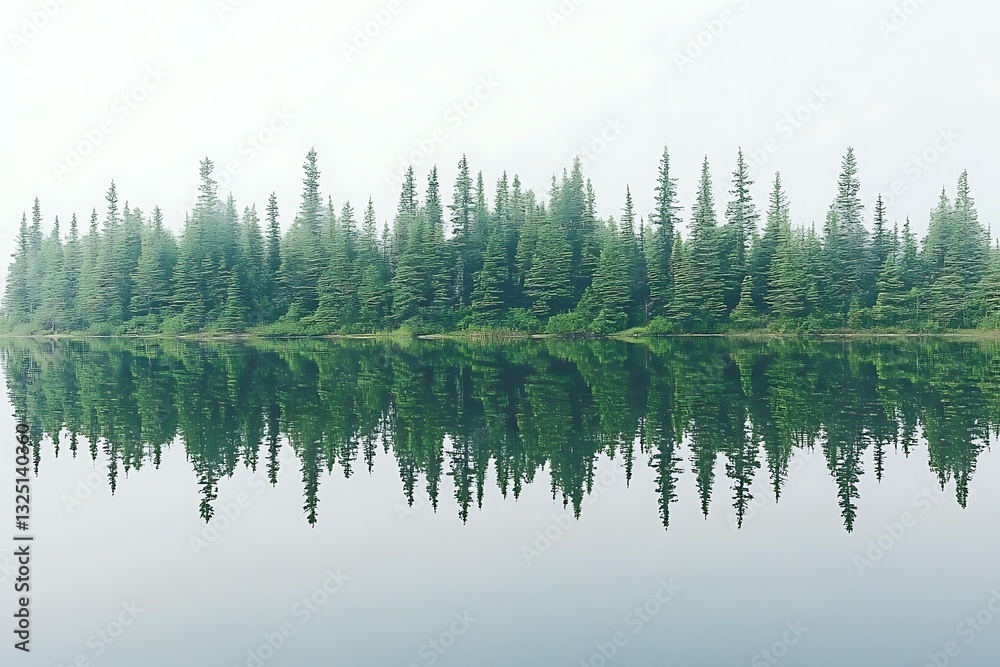 Forest reflecting in calm lake, foggy sky Forest reflecting in calm lake, foggy sky