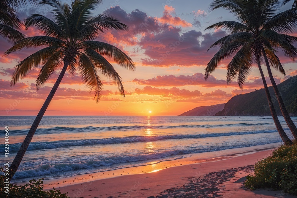 Fototapeta premium Serene Beach Sunset Backdrop for Ultimate Summer Getaway Experience