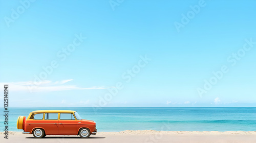 A Classic Orange Van With An Inflatable Ring Embraces Freedom and Adventure During A Serene Sunny Day On A Beautiful Turquoise Beach