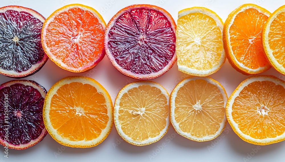 Sliced citrus fruit arranged in rows displaying vibrant colors and textures Sliced citrus fruit arranged in rows displaying vibrant colors and textures