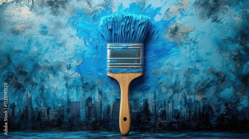 A large paintbrush painting a city in shades of blue color