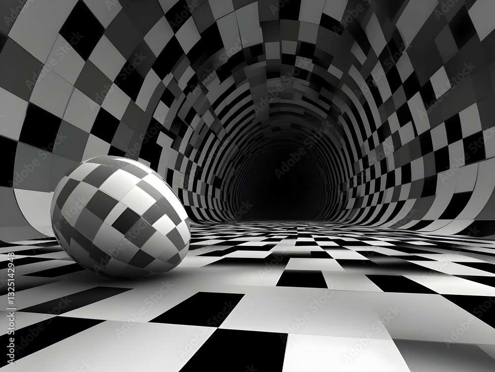 Naklejka premium Abstract 3D Checkered Tunnel with Sphere