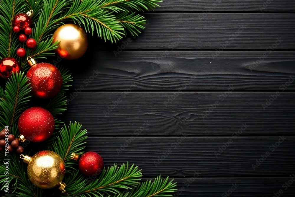 Elegant gold Christmas wreath with ornaments on dark wood, graphic, elegant Elegant gold Christmas wreath with ornaments on dark wood, graphic, elegant