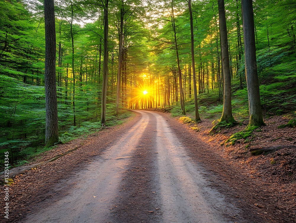 Fototapeta premium Forest road leads toward sunset, scenic outdoor adventure