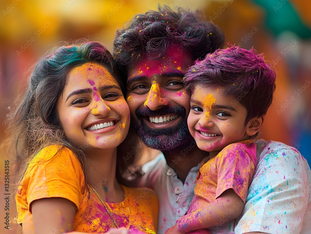 Naklejka premium Indian family celebrating holi festival