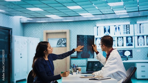 Indian general practitioner and nurse examine hospital records and x ray tests, finding diagnosis for a patient. Medical staff reviewing scans and doing healthcare reports with expertise. Camera B.