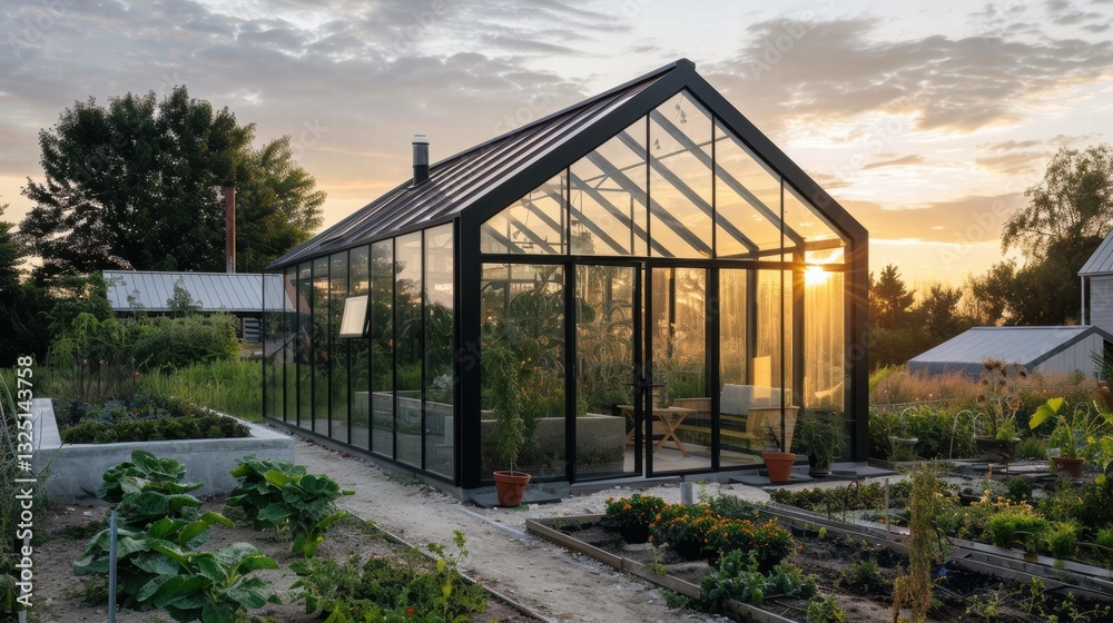 A vibrant greenhouse filled with plants, bathed in warm sunlight. A vibrant greenhouse filled with plants, bathed in warm sunlight.