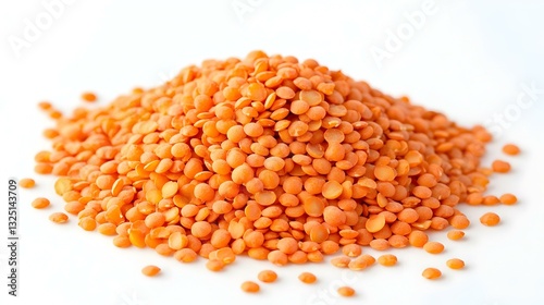 A heap of red lentils on a white background