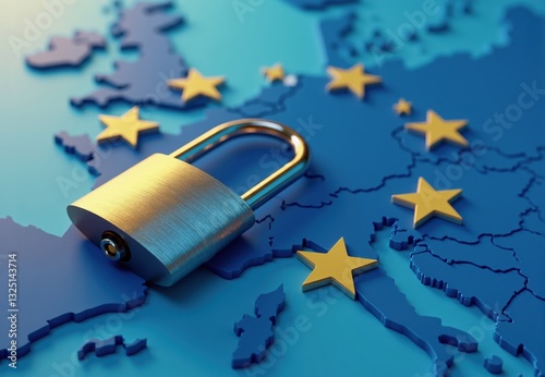Padlock on European Union Map with Stars