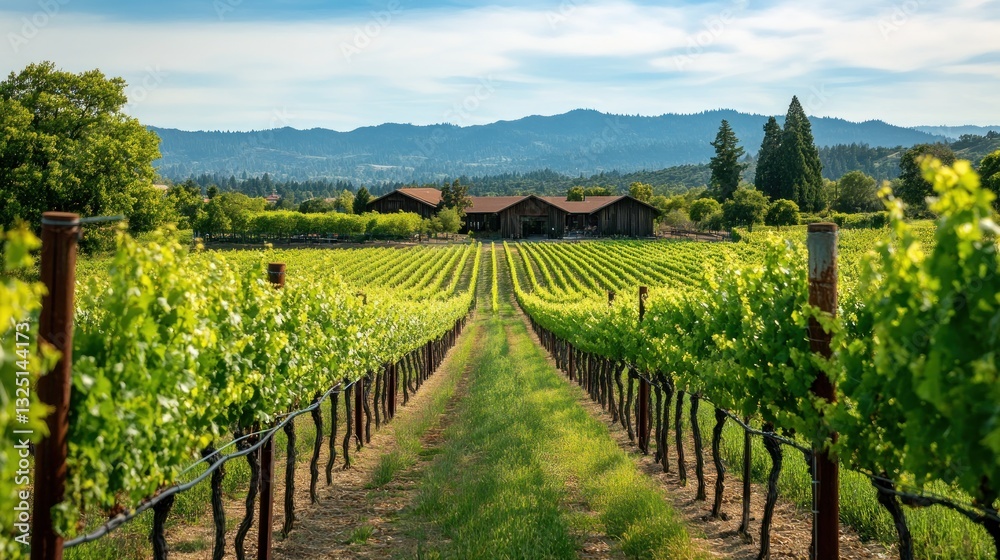 Naklejka premium Sunlit vineyard landscape with rows of grapevines and distant mountains scenery