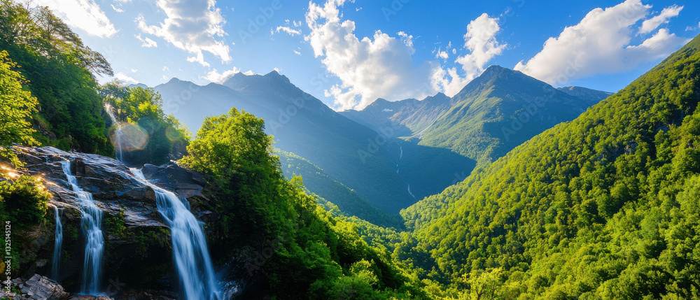 Fototapeta premium Breathtaking mountains with cascading waterfalls and lush greenery