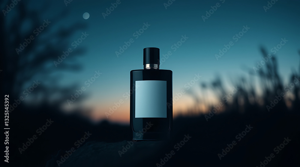 an elegant perfume bottle with a blank label, set on a serene night nature scene. created by generative ai an elegant perfume bottle with a blank label, set on a serene night nature scene. created by generative ai