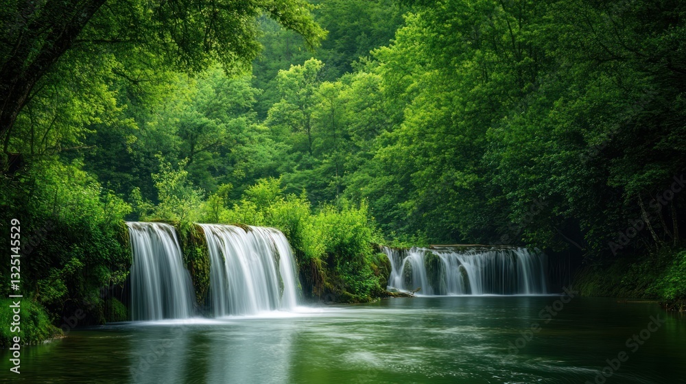 Fototapeta premium Cascading waterfalls create a serene landscape amidst lush, vibrant greenery