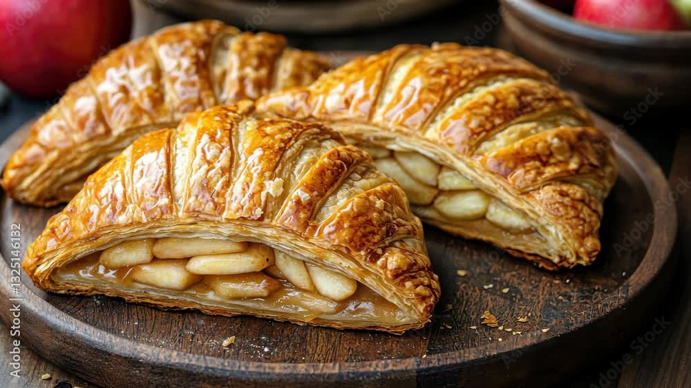 Sliced apple pastry reveal with fresh apples on rustic wood table