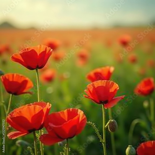 Field of vibrant red poppies swaying gently in breeze, outdoors, grief, botany