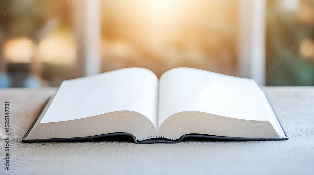 Open Book With Blank White Pages And Black Cover On A Table In Soft Sunlight With Blurred Background Open Book With Blank White Pages And Black Cover On A Table In Soft Sunlight With Blurred Background
