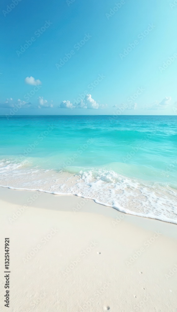 Fine white sand, gentle waves, hazy blue ocean backdrop, sky, natural Fine white sand, gentle waves, hazy blue ocean backdrop, sky, natural
