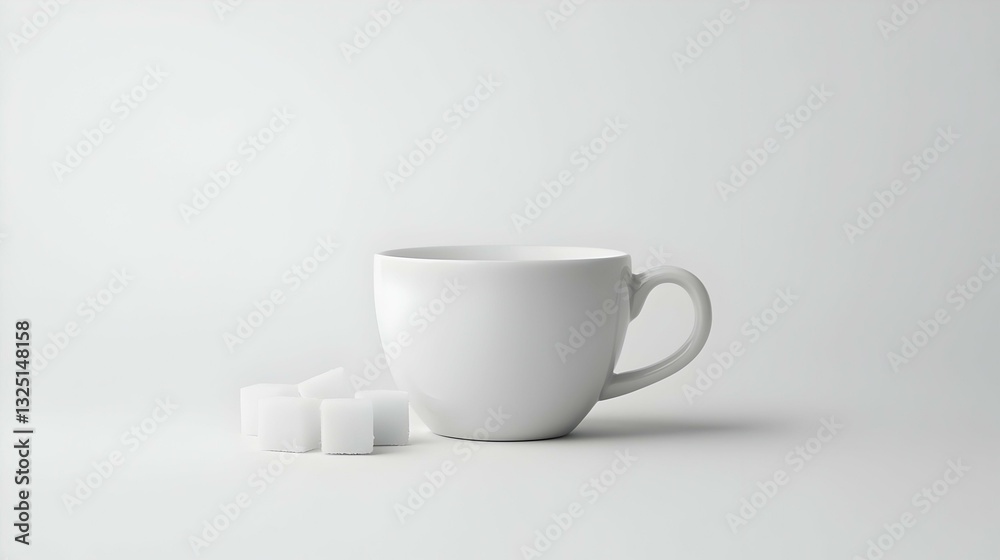 White cup with sugar cubes on white background White cup with sugar cubes on white background