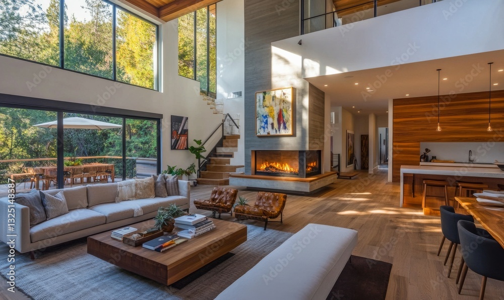 Modern living room with open layout and cozy fireplace in a stylish home setting Modern living room with open layout and cozy fireplace in a stylish home setting