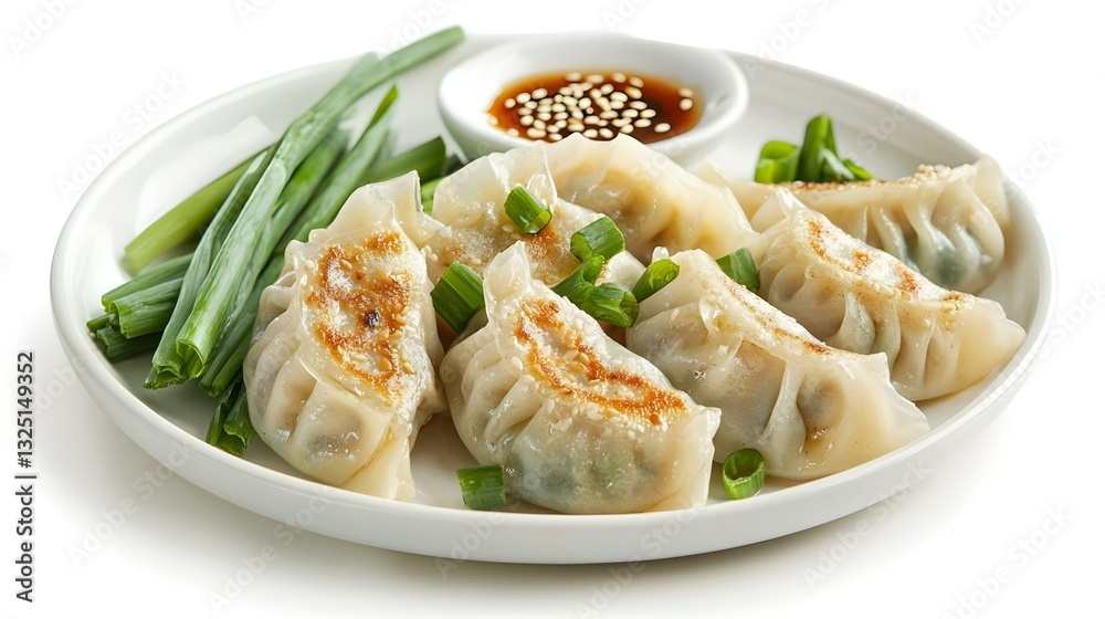 Plate with tasty Chinese jiaozi green onion Plate with tasty Chinese jiaozi green onion