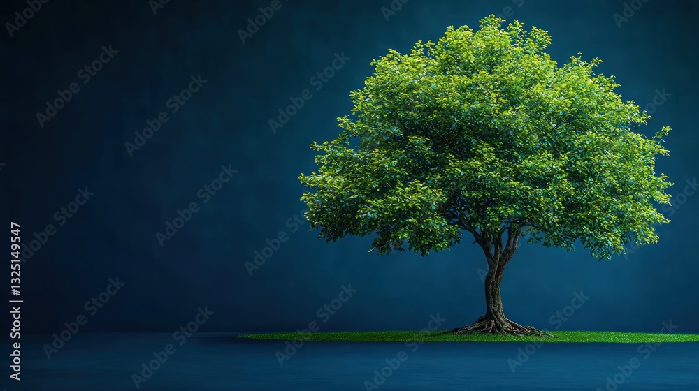 Solitary tree on a dark background, lush green foliage and grassy base Solitary tree on a dark background, lush green foliage and grassy base
