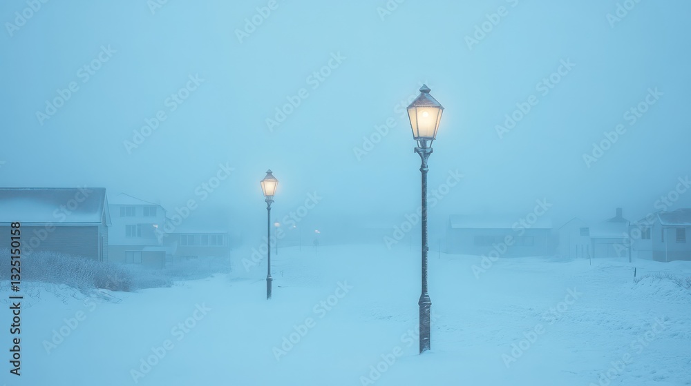 Obraz premium Illuminated street lamps glow through a thick snowy atmospheric haze