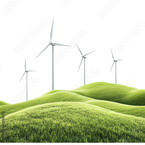 Wind turbines on green field isolated on transparent background