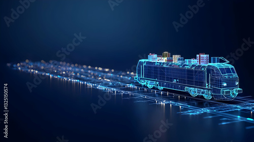 Futuristic Digital Train in Motion with Blue Particles on Dark Background Representing Modern Transportation Technology