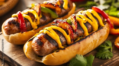 Gourmet Sausage Delight A premium bratwurst sausage topped with grilled peppers and spicy mustard