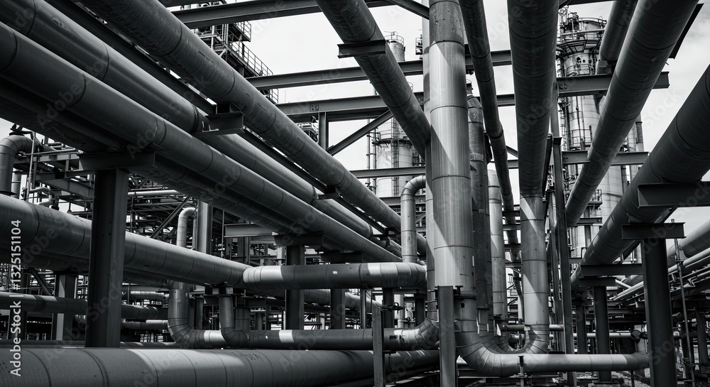 Industrial complex with extensive pipeline network in black and white Industrial complex with extensive pipeline network in black and white
