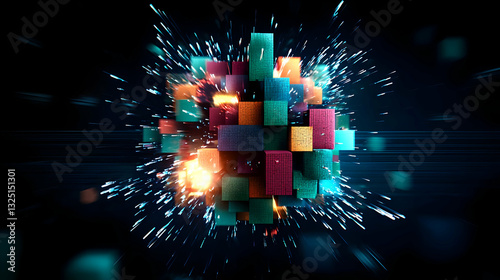Abstract sphere of colorful digital cubes exploding with dynamic light against a dark background