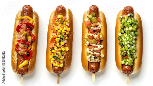 Obraz na płótnie Four corn dogs with different toppings isolated
