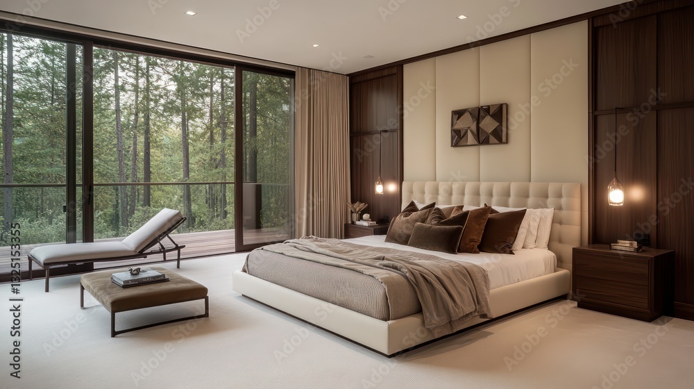 Fototapeta premium A modern, serene bedroom with soft cream-colored walls and dark cherry wood panels