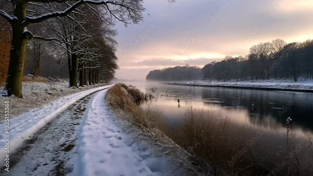 Winter Wonderland: Serene Snow-Covered Path Beside a Tranquil River at Dawn Winter Wonderland: Serene Snow-Covered Path Beside a Tranquil River at Dawn