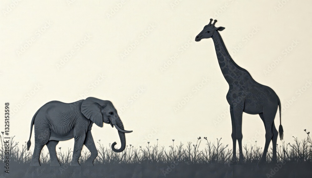 Fototapeta premium Elegant grey elephant & giraffe silhouettes on textured paper, modern, minimal