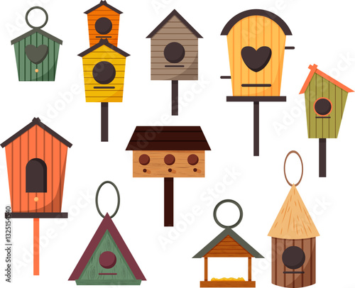Set of illustrations of birdhouses for birds. Wooden houses of different shapes. Vector illustration
