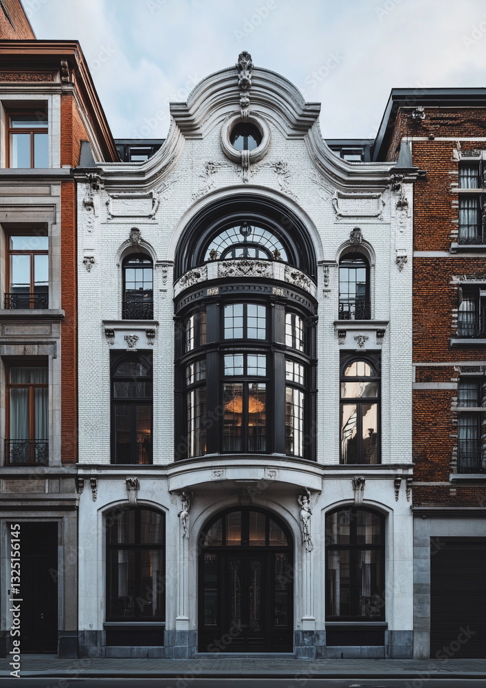 Obraz premium Architectural close-up of curved windows and sculpted floral details on a historic European townhouse. Romantic Art Nouveau elegance in urban design.
