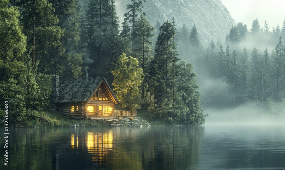 Fototapeta premium Secluded Log Cabin on a Tranquil Lake in a Lush Forest