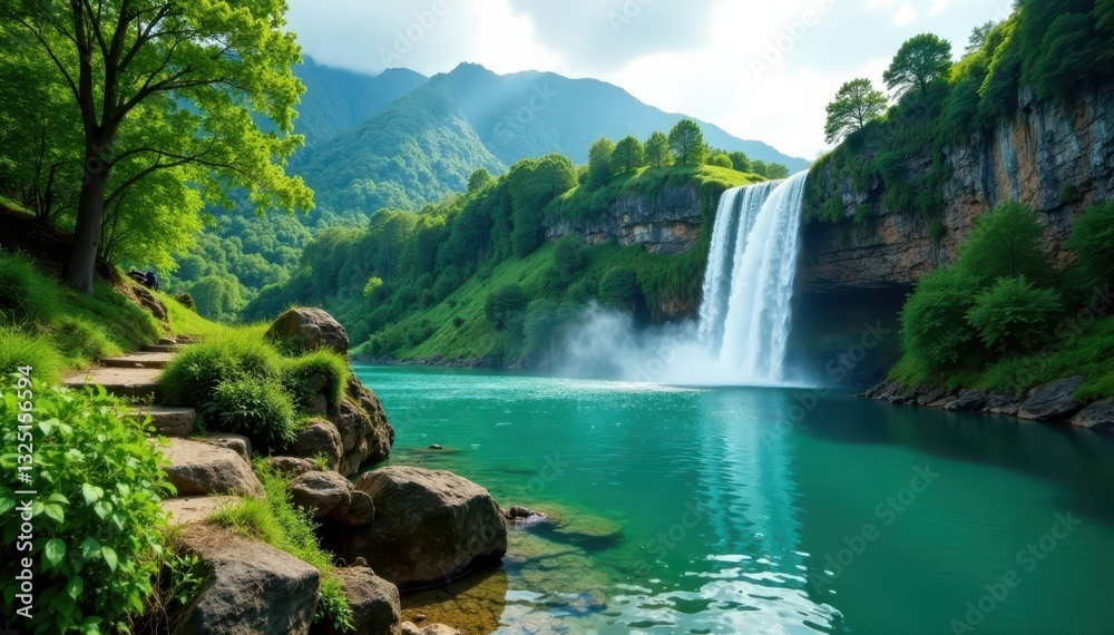 Fototapeta premium Emerald green lake with stunning waterfall Majestic view, tranquil, emerald