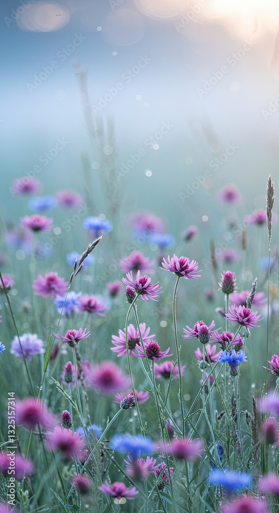 Fototapeta premium Serene wildflower meadow at sunrise with pink cornflowers and gentle morning dew