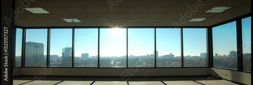 Expansive city landscape view from an office window