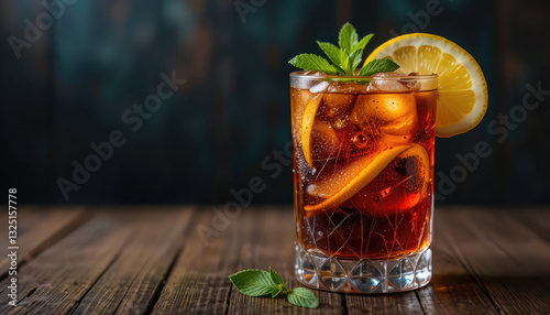 Refreshing Cuba Libre Cocktail with Lemon and Mint on Wooden Surface