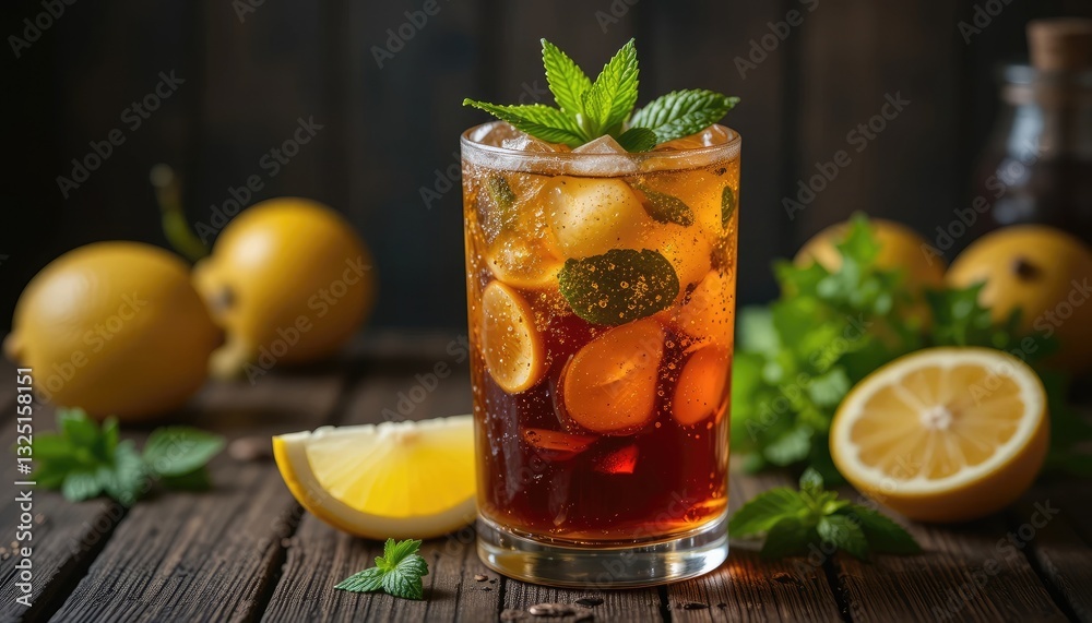 Fototapeta premium Refreshing Iced Tea with Lemon and Mint on a Wooden Surface