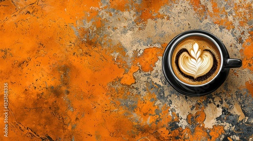 Latte art in black cup on orange textured background.