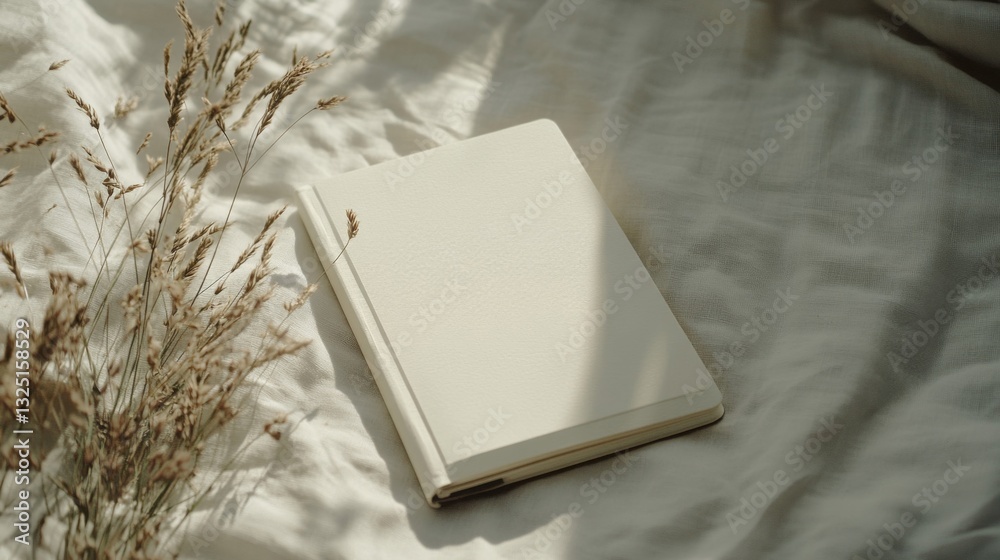 Fototapeta premium Offwhite Notebook and Dried Flowers on Beige Fabric